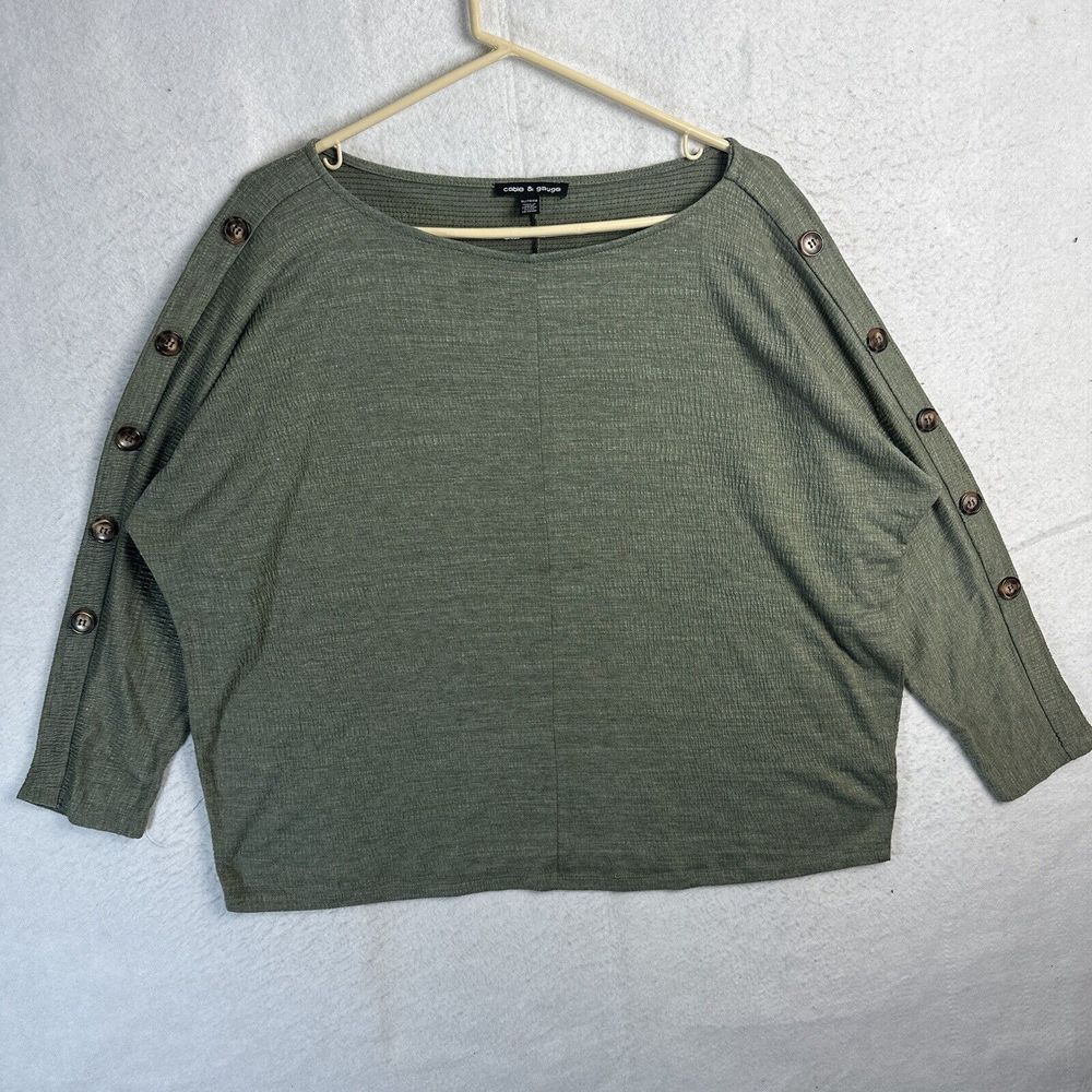 Cable & Gauge Women's Knit Sweater XL Green Scoop Neck Long Sleeve Button Accent
